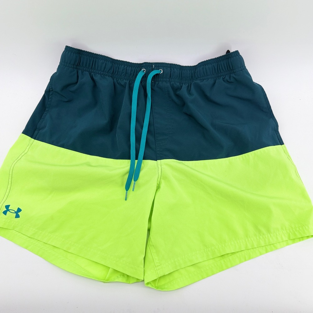 Under Armour Mens XL Swim Trunks Teal Neon Green Colorblock Mesh Lined Shorts